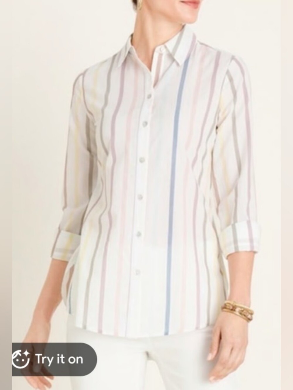 Lightweight Cotton Button-Down Shirt in Rainbow Pastel Stripe L